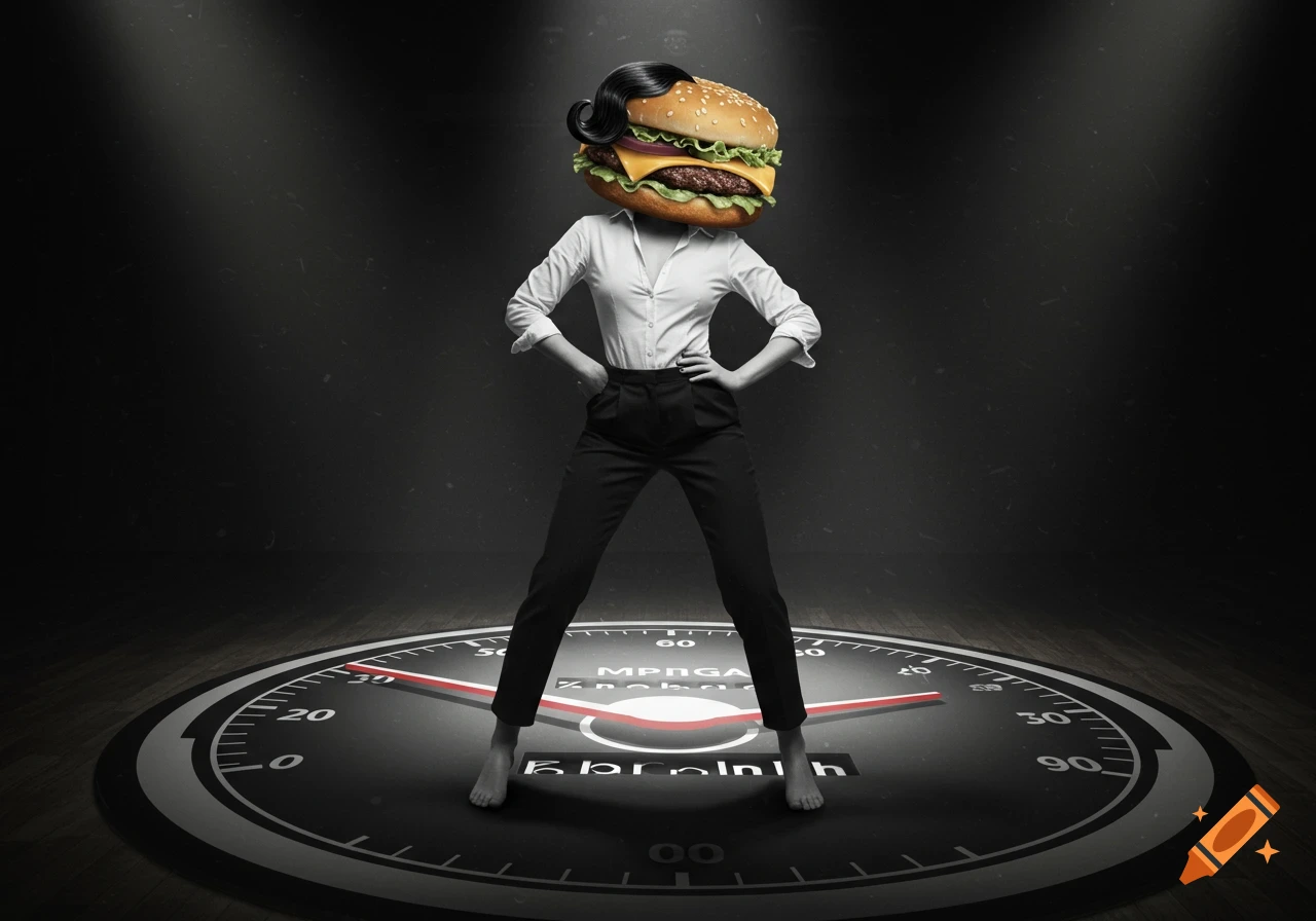 A person with a cheeseburger and black bob wig for a head stands in a white shirt and black pants on a dance floor with a tachometer design.