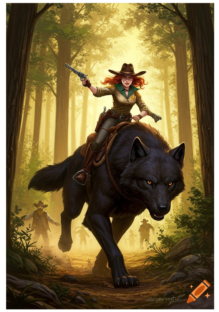A redheaded female sheriff rides a large black wolf through a sunlit forest, chasing cowboy criminals. Stylized illustration.