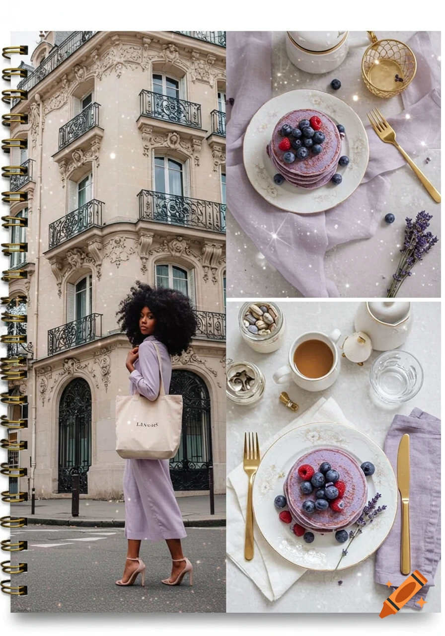 Digital collage of a stylish woman with an afro and a tote bag in front of a European building, with lavender pancakes and coffee, featuring soft sparkles.