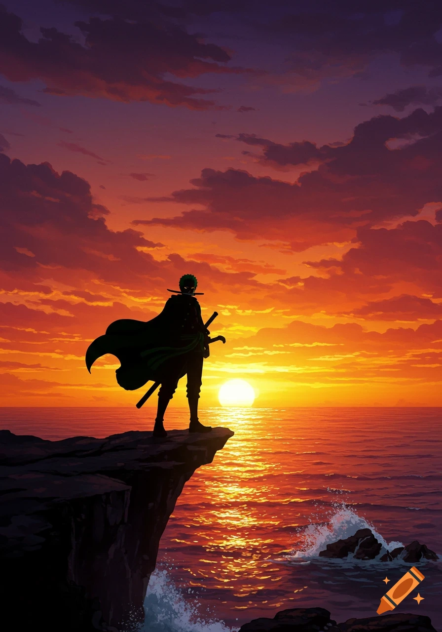 Anime character silhouette of Zoro standing on a cliff, gazing at a vibrant orange and red sunset over the ocean.