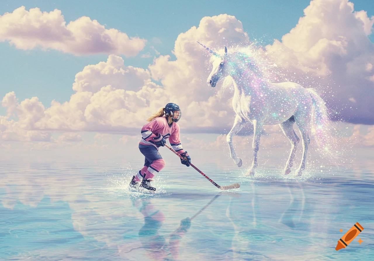 A young female hockey player skates on a shimmering water surface under a cloudy sky, looking towards a magical, sparkling unicorn.