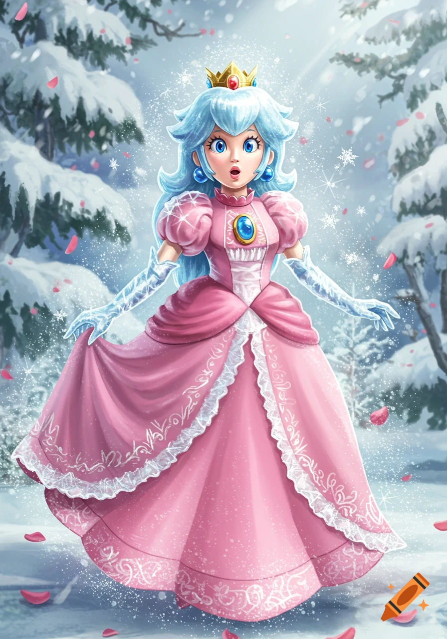 Princess Peach with light blue hair in a pink gown stands in a snowy forest with falling snowflakes, digital illustration.