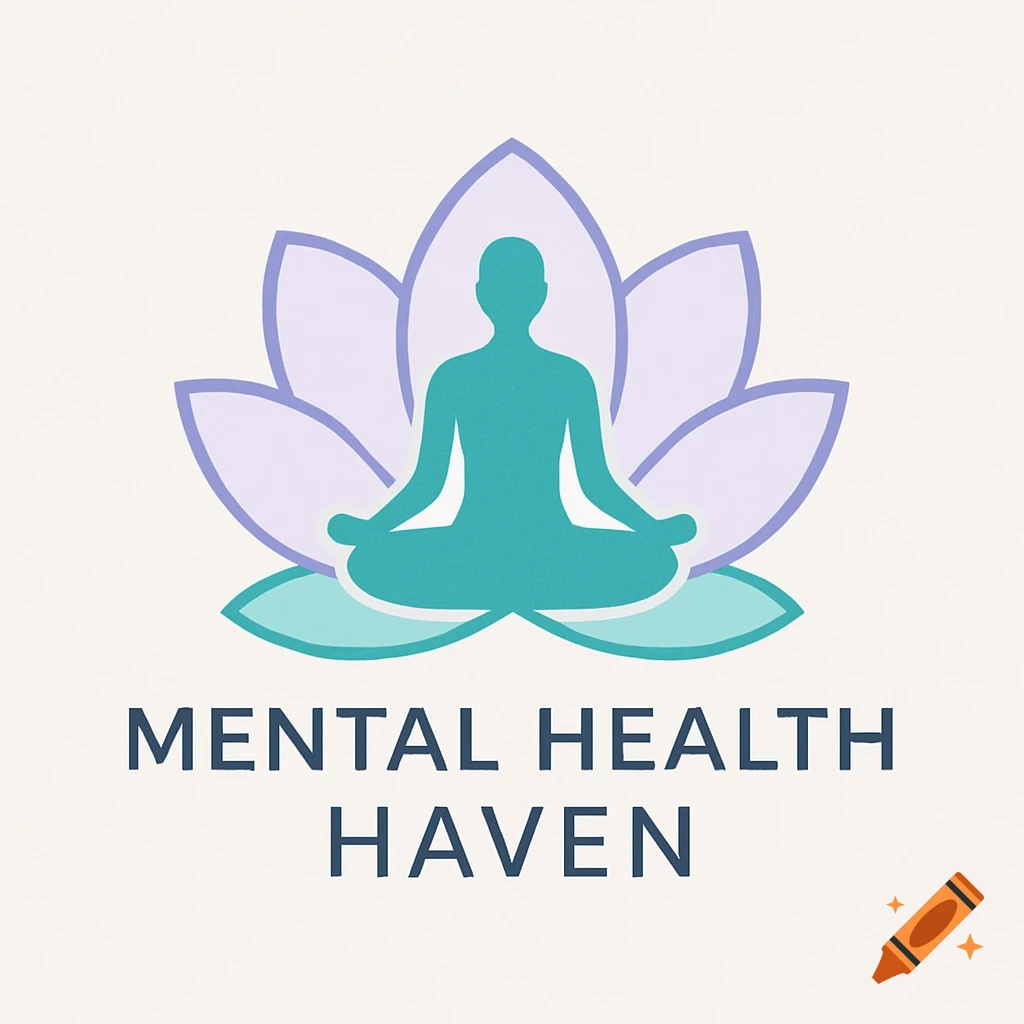 A logo featuring a teal silhouette meditating in a purple lotus flower, with the words MENTAL HEALTH HAVEN below.