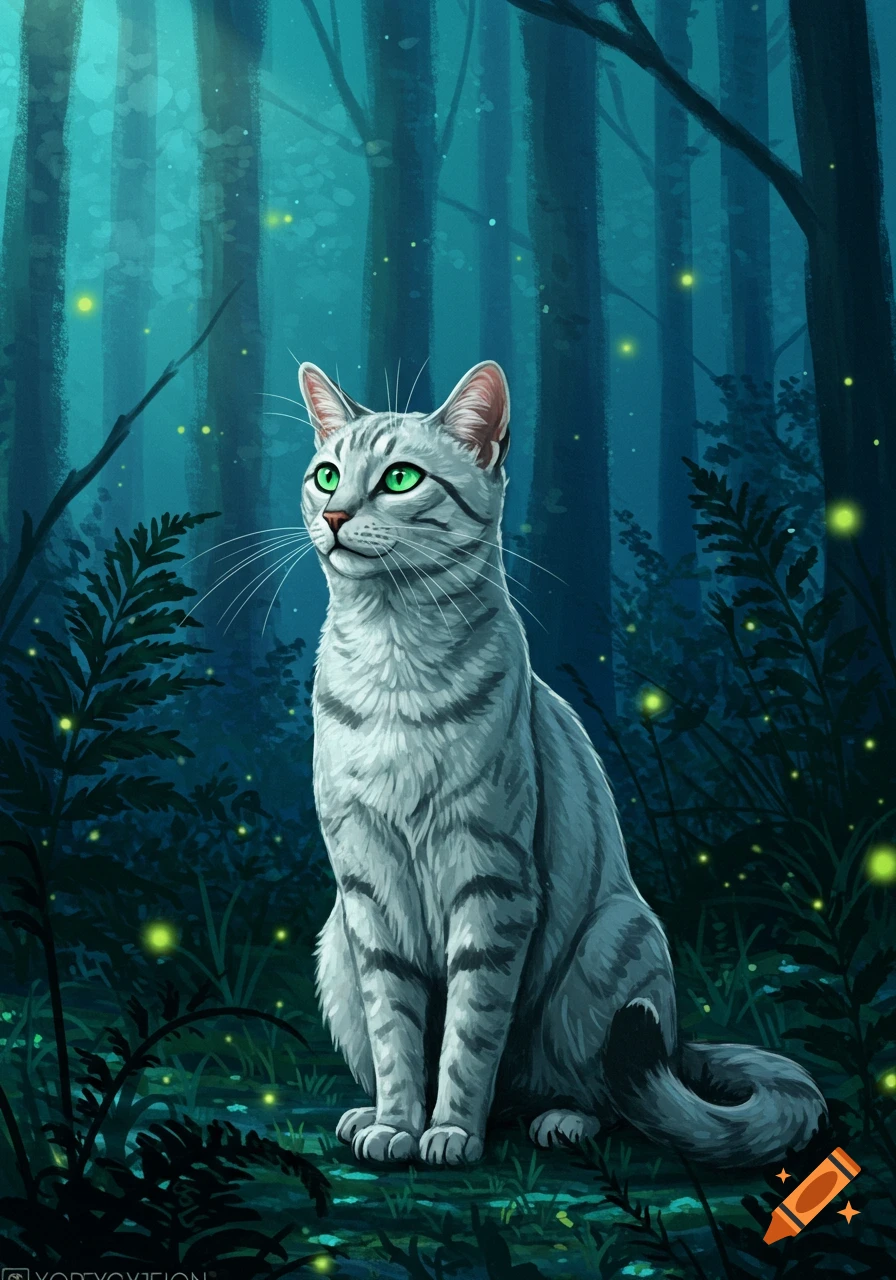 A grey tabby cat with bright green eyes sits looking up in a dark, glowing forest, digital painting.