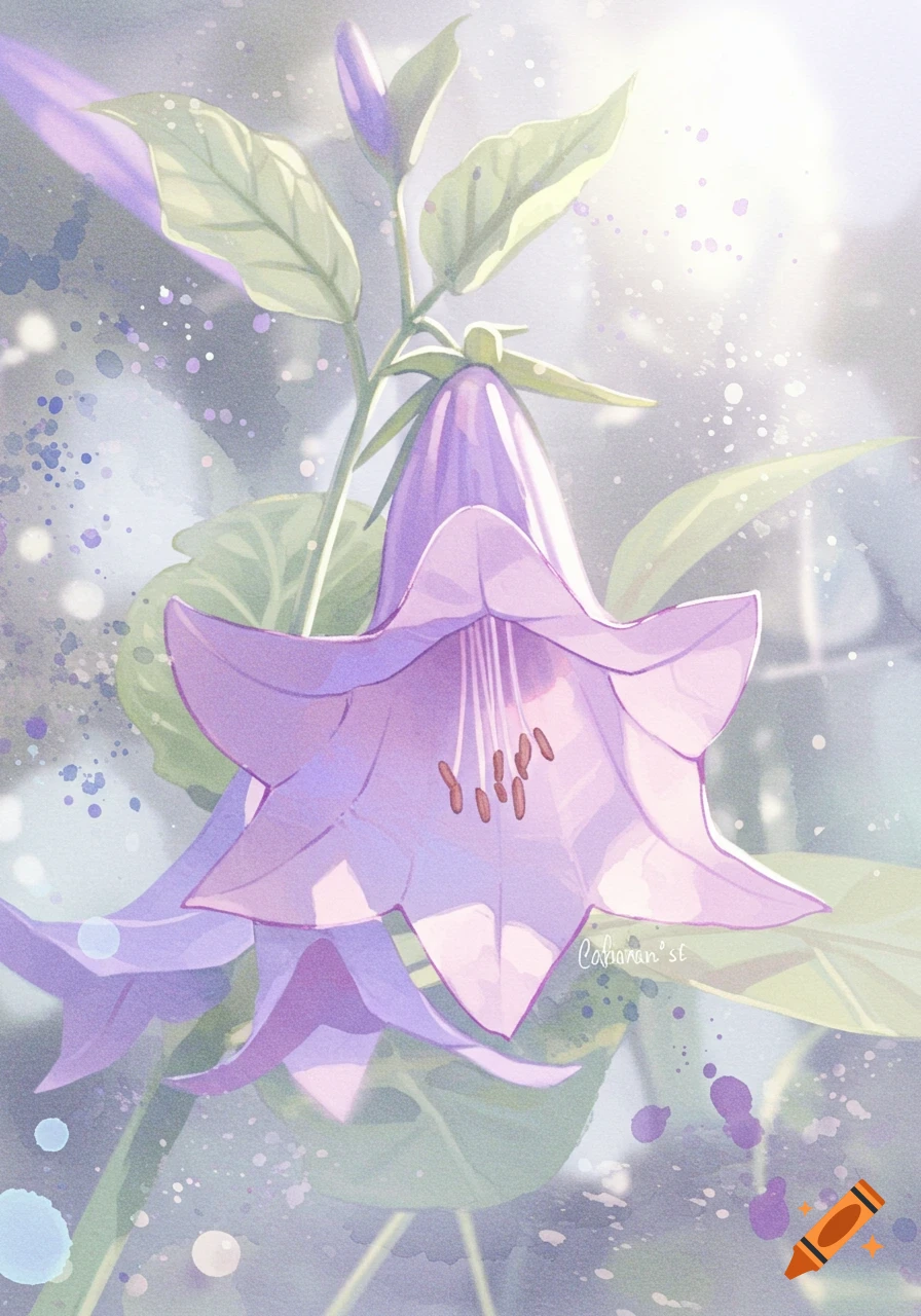 Soft anime watercolor illustration of a purple bell-shaped flower with green leaves, bathed in light with bokeh effects.