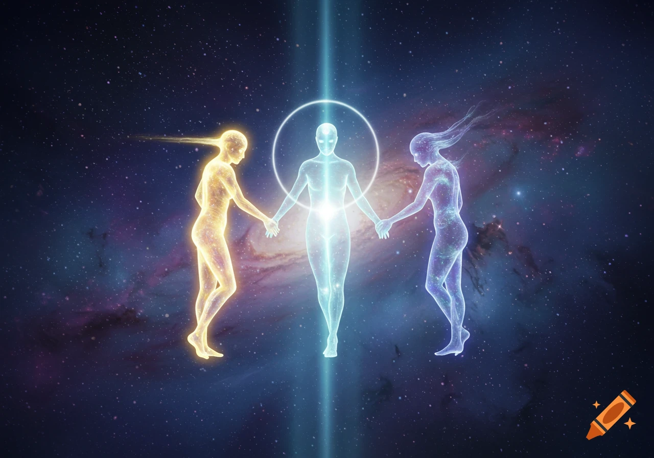 Three glowing ethereal figures, one blue in the center holding hands with a gold figure on the left and a purple figure on the right, all against a starry cosmic background with a nebula.