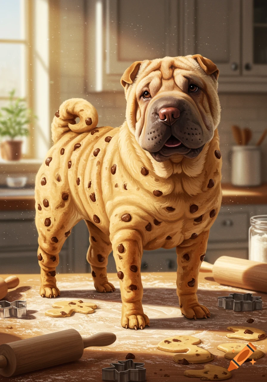 A shar pei dog with a body made of chocolate chip cookie dough stands on a kitchen counter with baking tools and cookies.