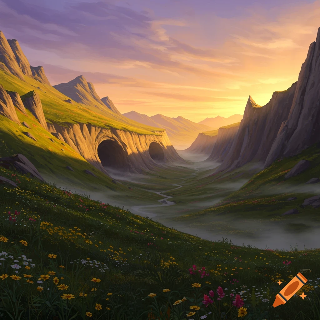A vibrant, stylized valley at sunset, featuring towering mountains, large cave entrances, a winding path, and a foreground of wildflowers.