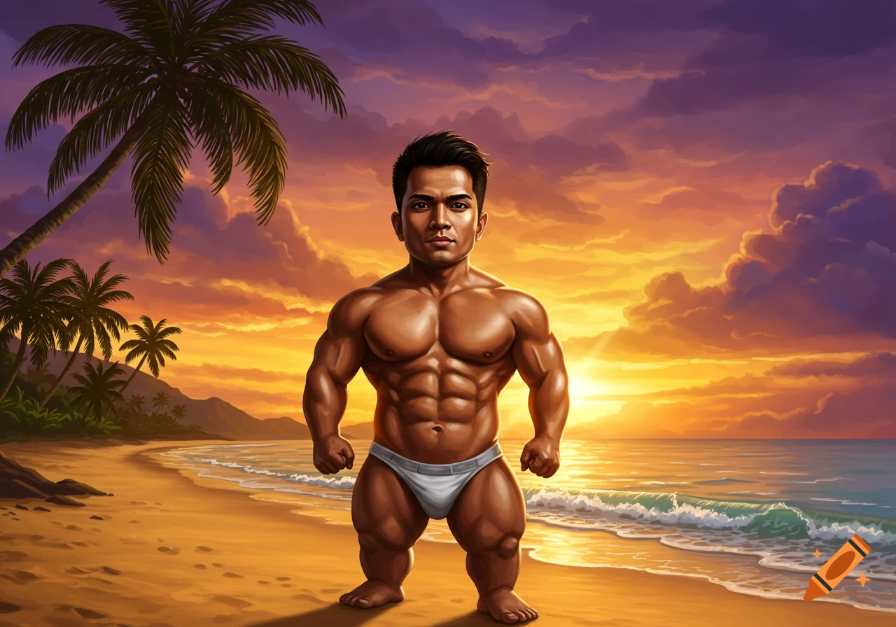 A muscular short man in white briefs stands on a beach at sunset, with palm trees and ocean waves behind him.