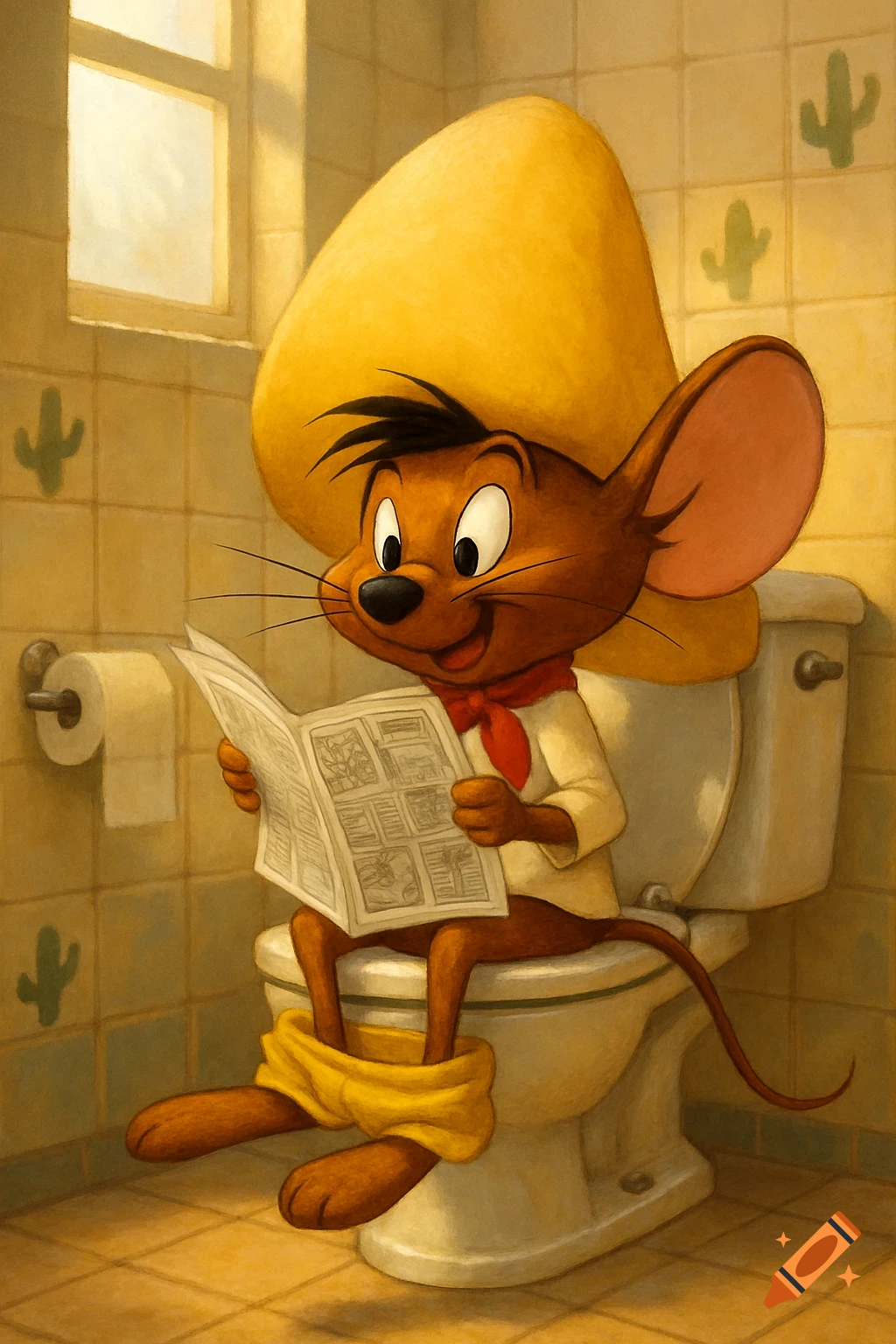 Cartoon mouse resembling Speedy Gonzales on a toilet, pants down, reading a newspaper in a tiled bathroom with cactus decorations.