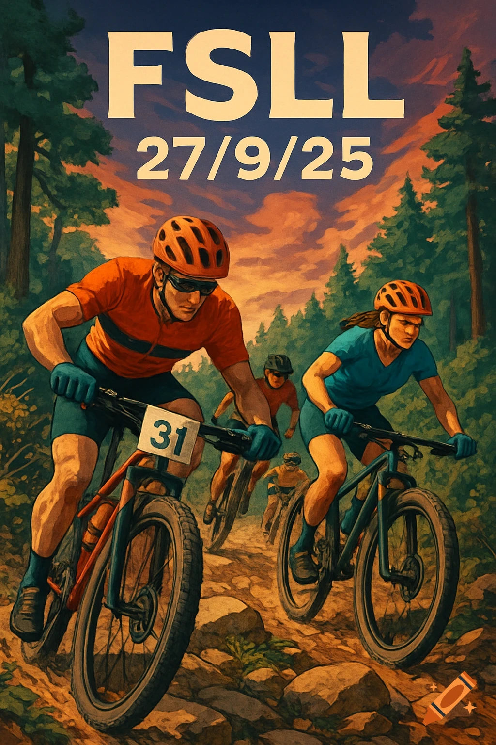 Poster-style image of mountain bikers on a trail at sunset, with tall trees and a colorful sky. Text reads FSLL 27/9/25.