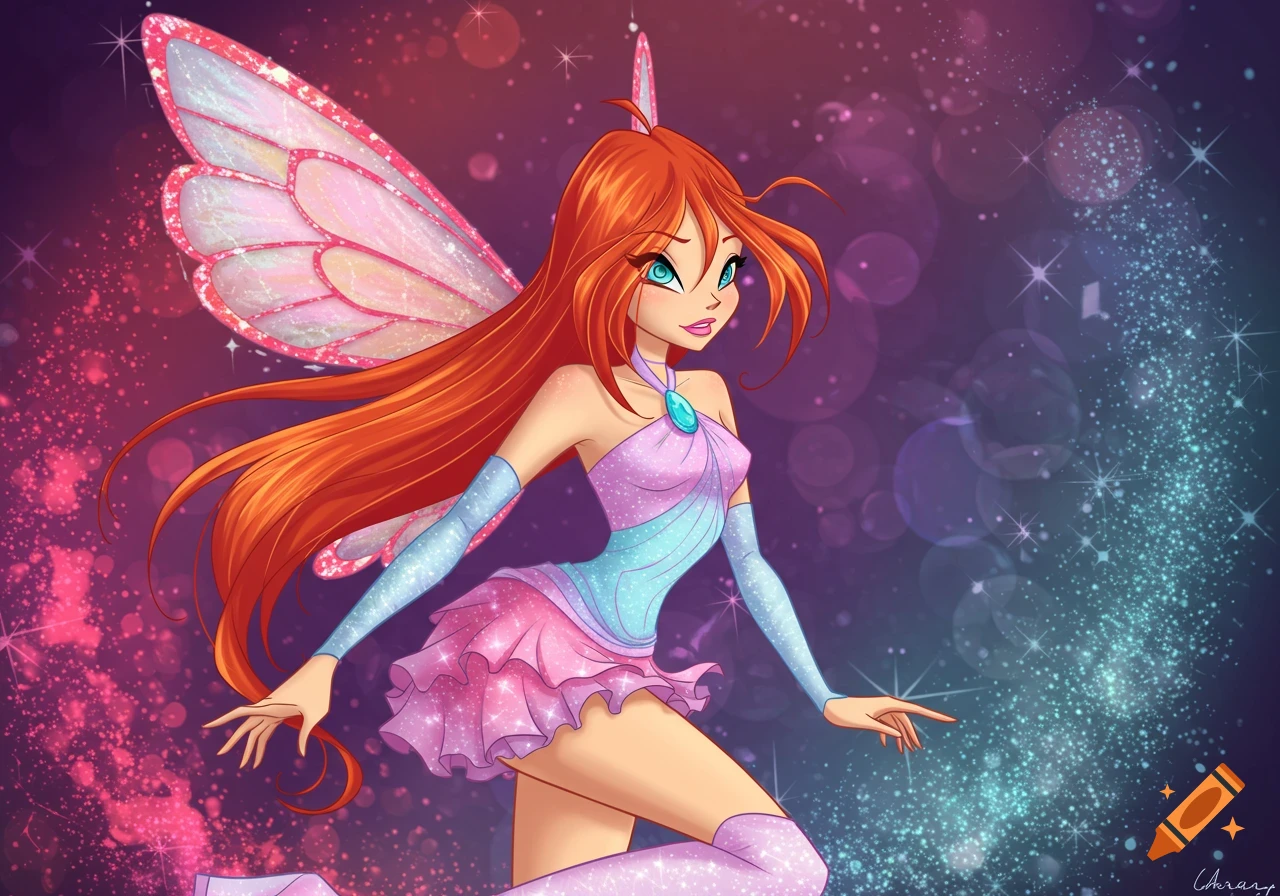 A cartoon fairy with long orange hair and large pink wings, wearing a sparkling pink and blue dress, poses against a glittery purple and blue background.