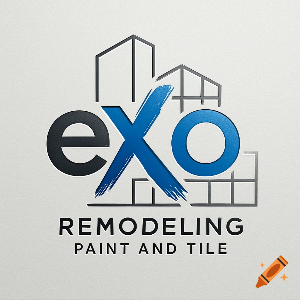 eXo Remodeling Paint and Tile logo on a textured white background, featuring black and blue text with house outlines.