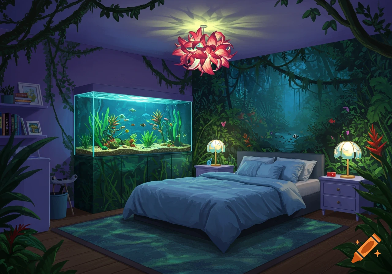 A bedroom with lavender walls, a large aquarium, a blue-made bed, and jungle-themed decor with a forest mural and vines.