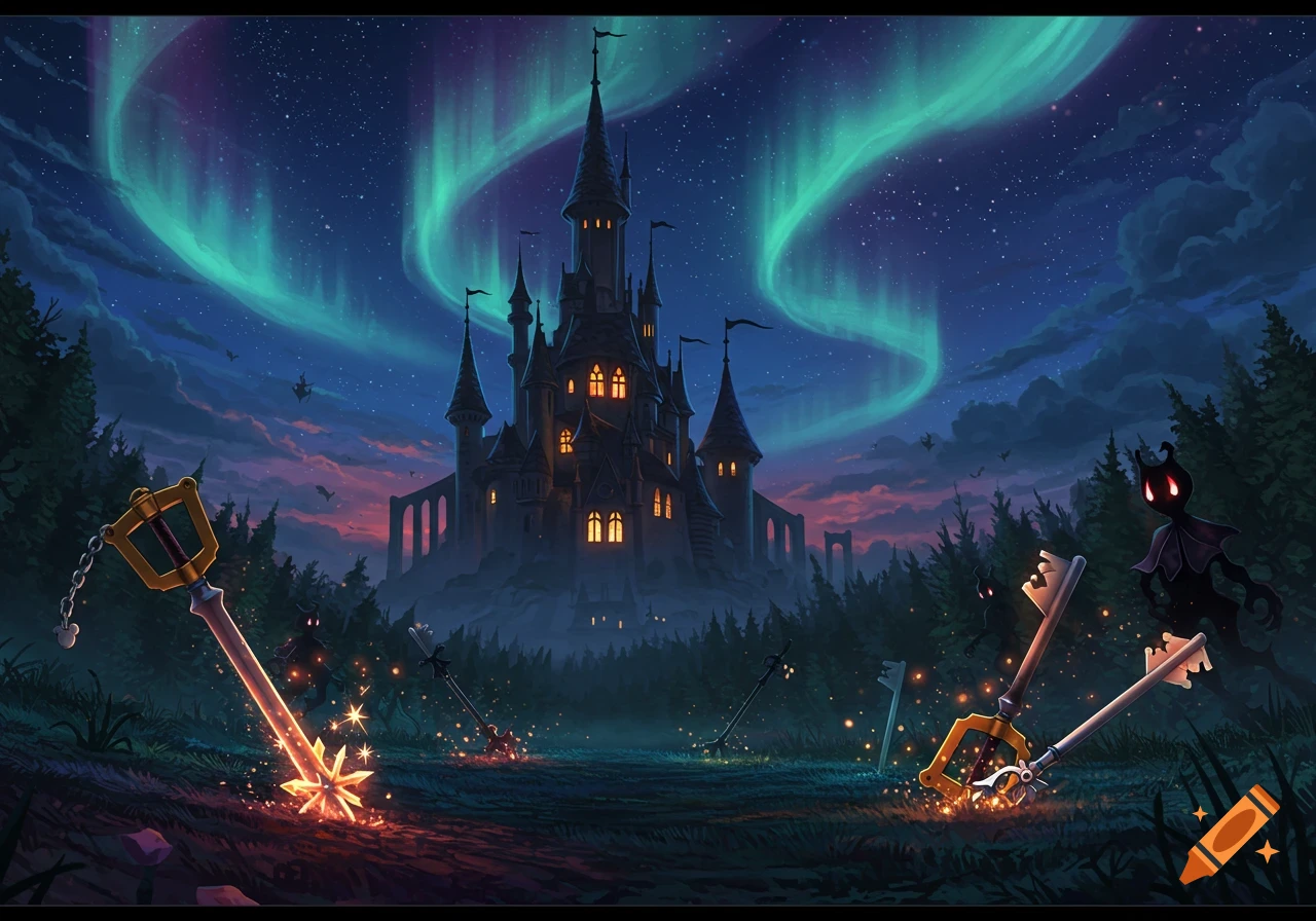 A dark castle under a vibrant aurora borealis sky, with glowing keyblades stuck in the foreground and shadowy figures lurking.