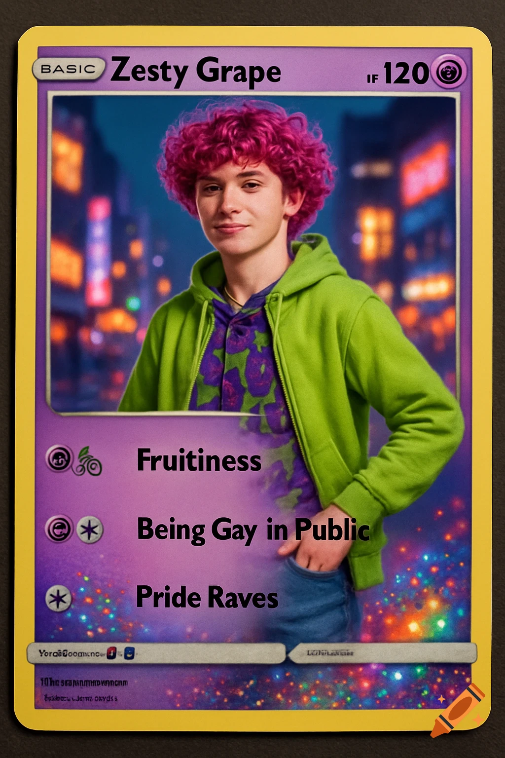 A stylized Pokemon card featuring a smiling boy with bright magenta curly hair, wearing a green hoodie over a purple patterned shirt. The card is titled "Zesty Grape" and lists attacks like "Fruitiness" and "Pride Raves." The background behind the boy is a blurred city street at night.