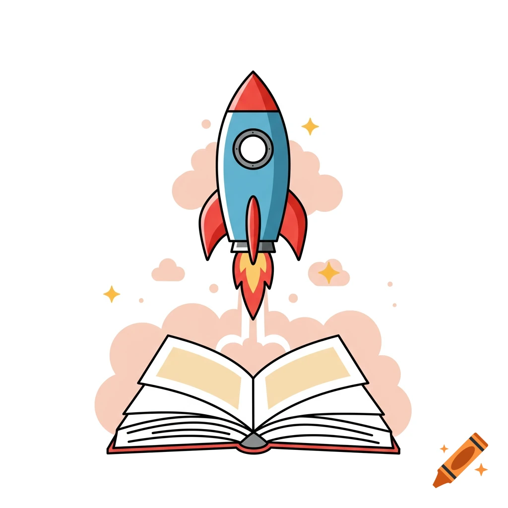 A colorful cartoon rocket blasting off from the pages of an open book, vector illustration.