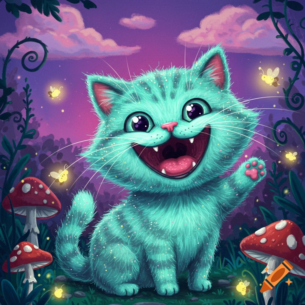 A whimsical, cartoonish blue-green cat with big eyes and a wide smile, in a magical forest with glowing fireflies and red mushrooms.