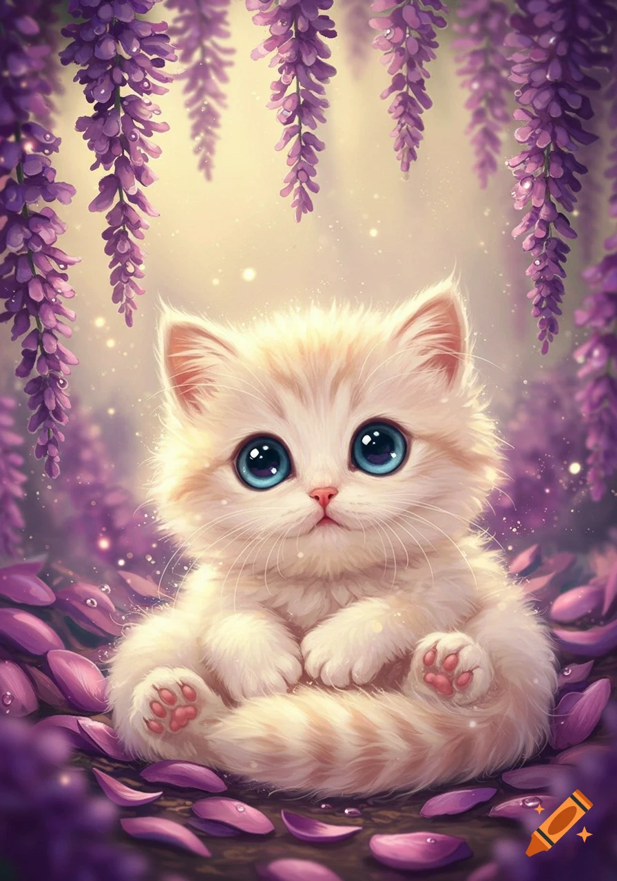 A fluffy white and orange kitten with big blue eyes sits among glowing purple wisteria flowers.