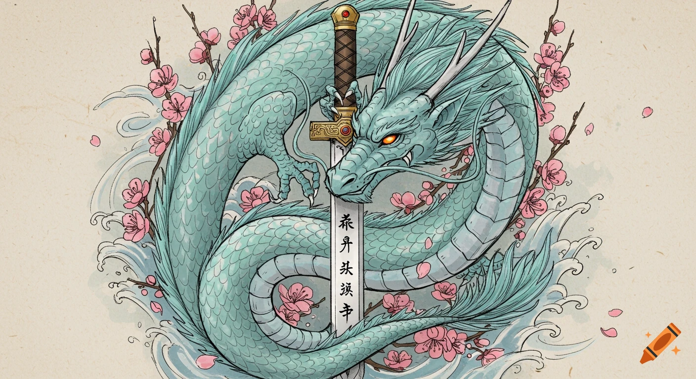 A Chinese style water dragon with red eyes wrapped around a jian sword, surrounded by pink plum blossoms and blue waves, in a stylized watercolor art style.