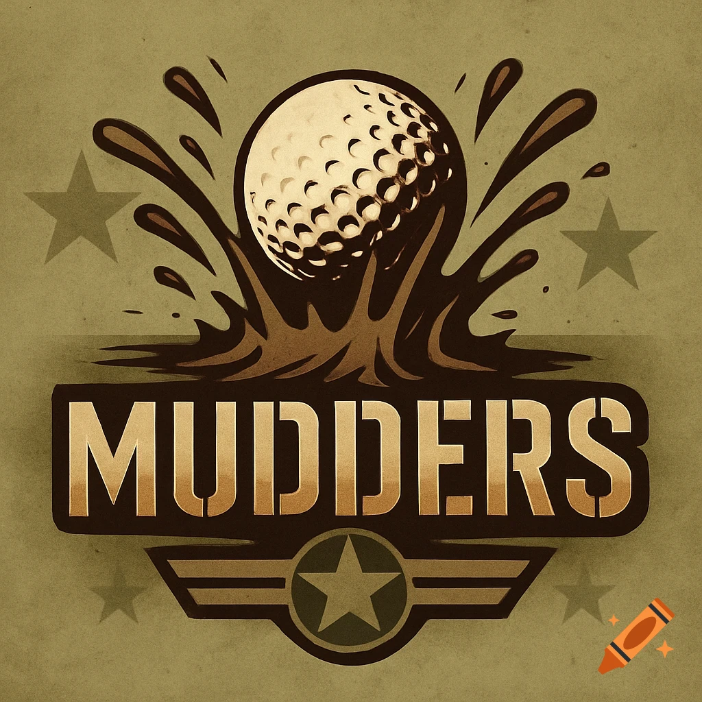 Vintage military-style logo for a golf team, featuring a golf ball splashing into mud, with the word 'MUDDERS' below.