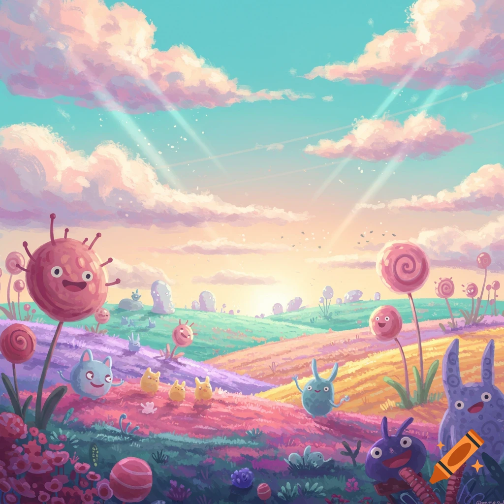 A whimsical, colorful landscape with smiling, alien-like creatures and lollipop-shaped plants under a pastel sky.