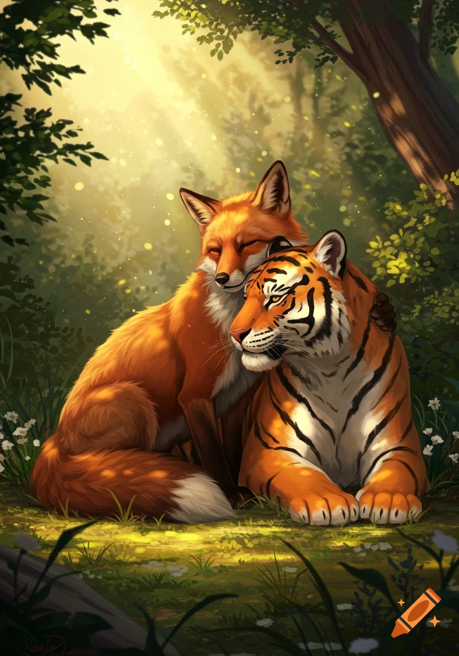 A red fox and a tiger embrace in a sun-dappled forest, with lush green foliage and light shining through trees.