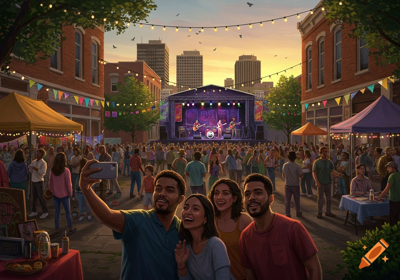 A vibrant street festival at dusk, with a band performing on a stage and a large crowd gathered. In the foreground, a group of friends takes a selfie.