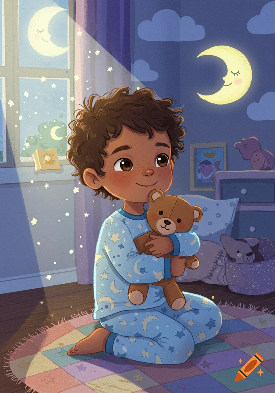 A cute boy with curly hair in blue pajamas holding a teddy bear, sitting in his room at night in storybook illustration style.
