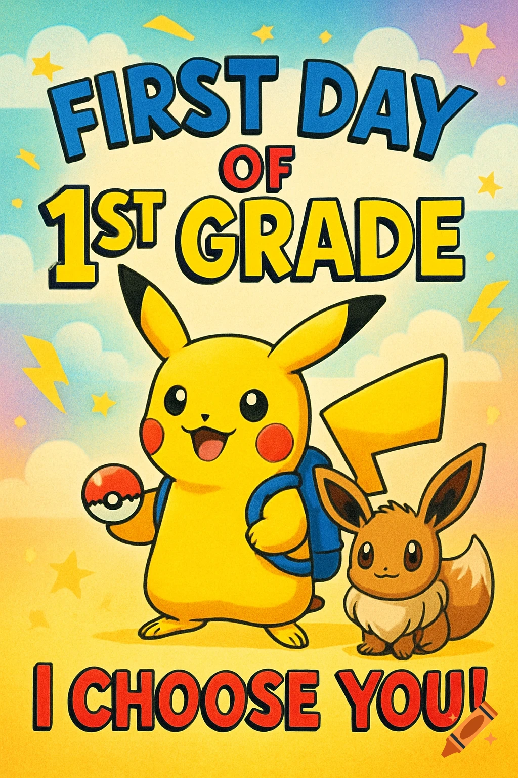Pikachu wearing a blue backpack and Eevee stand next to each other on a sunny day with text 'First Day of 1st Grade' and 'I Choose You!'