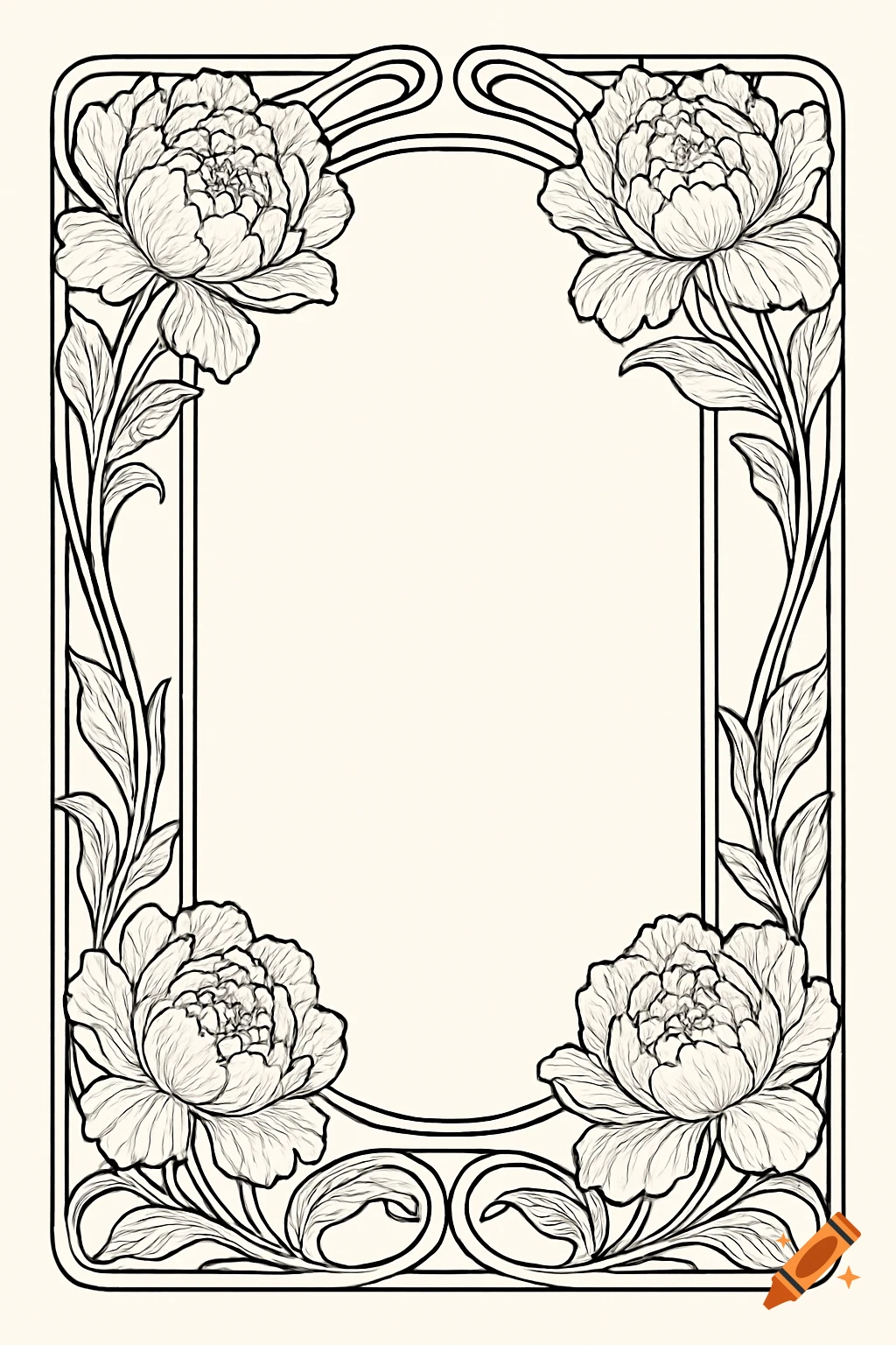 A monochrome line art decorative rectangular frame in Art Nouveau style with peony flowers and leaves around a blank central area.
