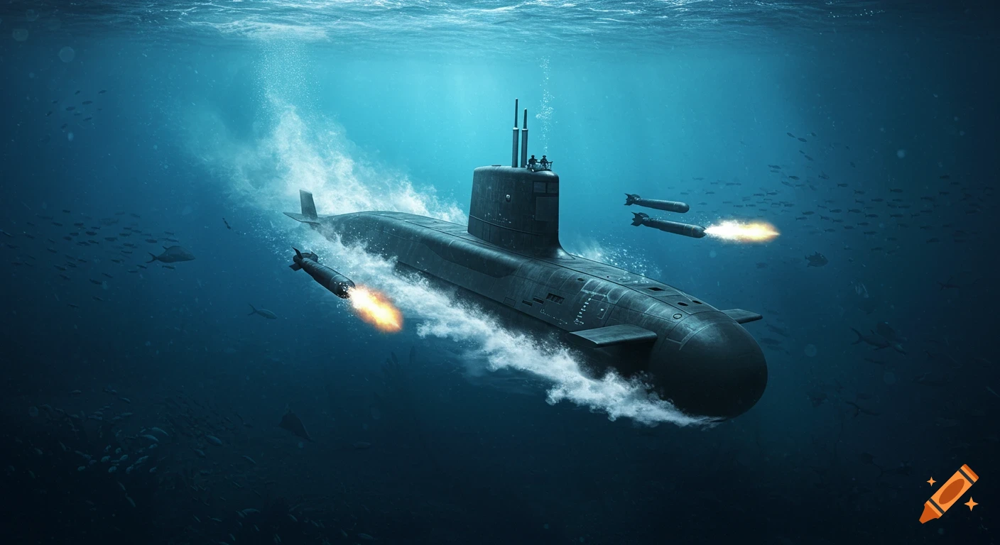Photorealistic image of a submarine crash diving underwater while firing torpedoes, with schools of fish in the background.
