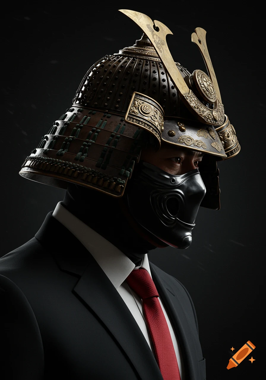 Portrait of a person wearing a detailed samurai helmet, black mask, black suit, and red tie on a dark background.