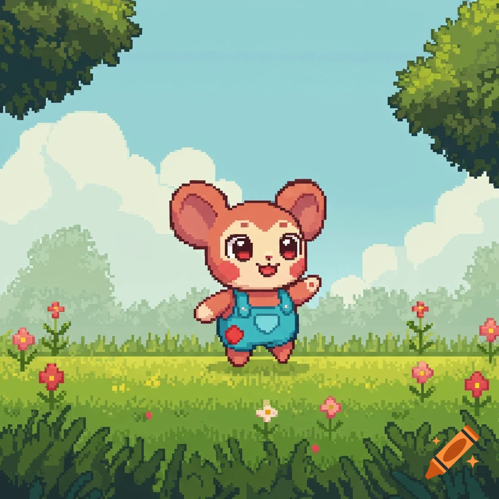 A cute pixel art mouse-like character in blue overalls waves in a grassy field with flowers and trees.