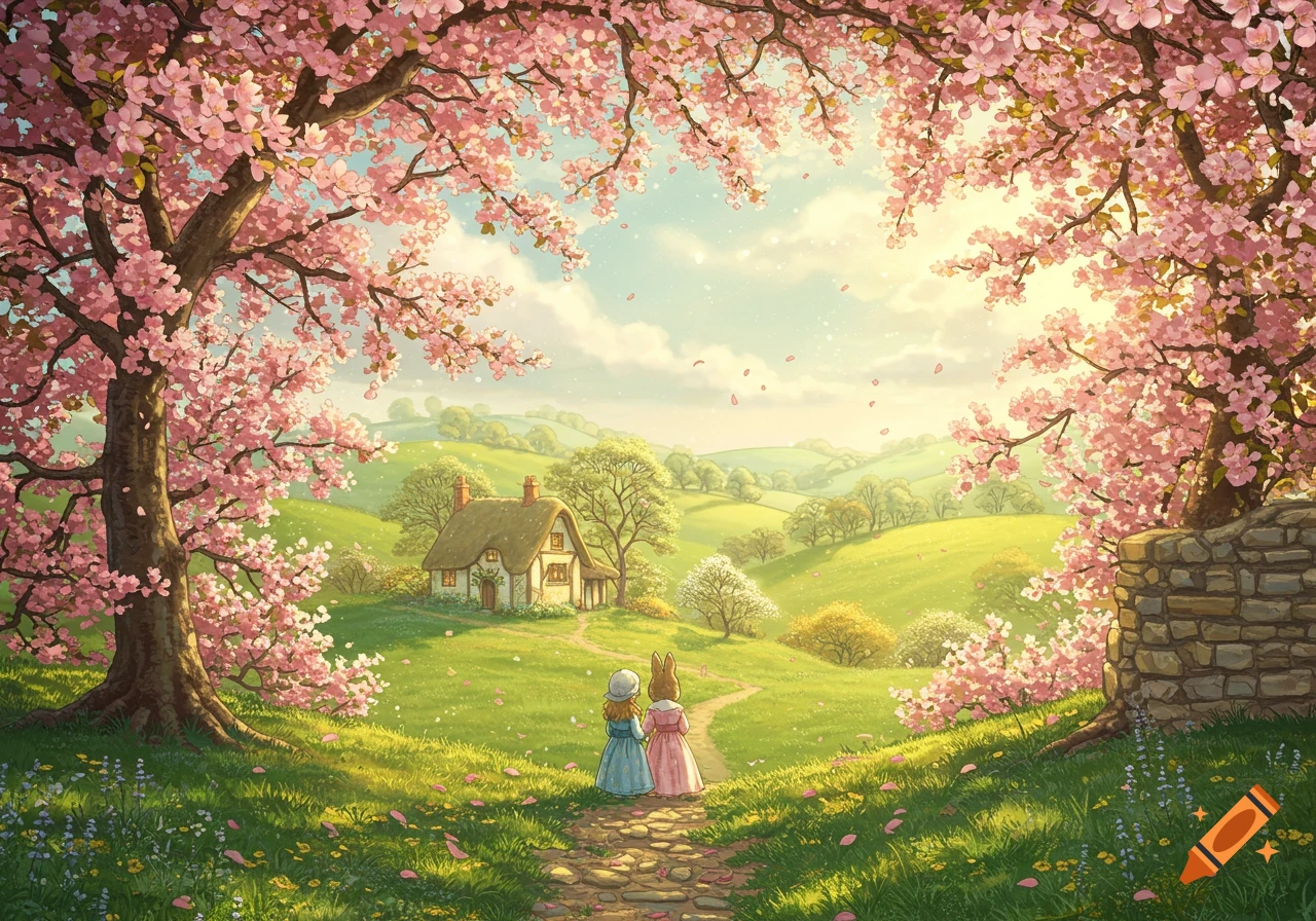 A whimsical illustration of a girl and a rabbit walking on a stone path towards a charming cottage framed by pink cherry blossoms in a lush spring landscape.