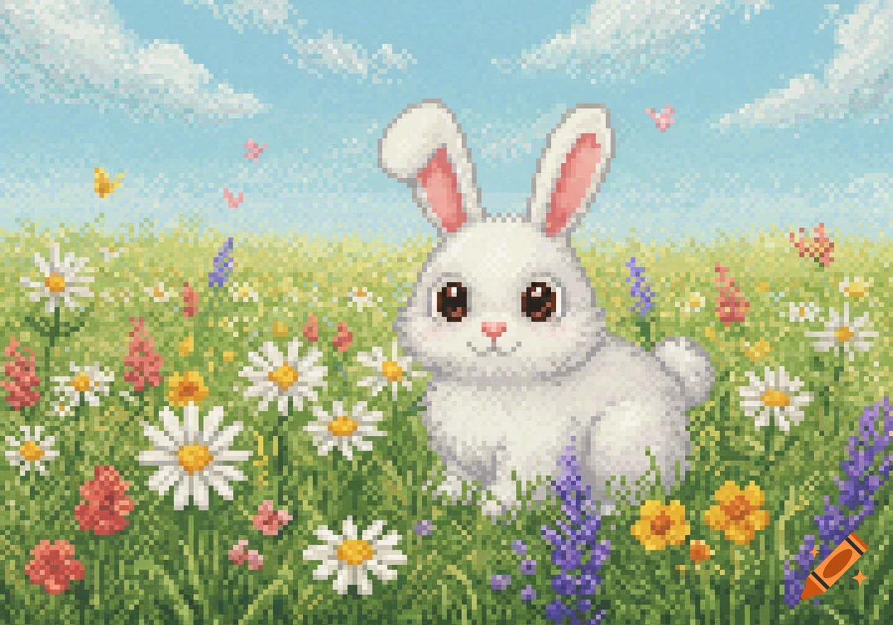 A cute pixel art white rabbit sits in a field of colorful wildflowers under a blue sky with clouds.