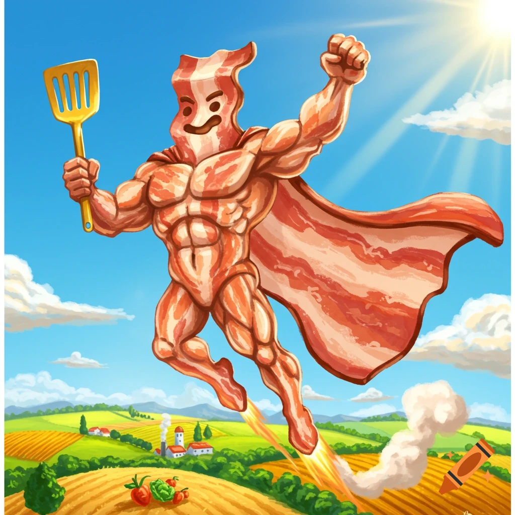 Cartoon illustration of a muscular bacon superhero flying in a sunny sky, holding a golden spatula.