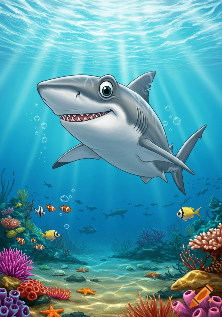 Cartoon illustration of a smiling shark swimming in a colorful underwater coral reef with fish and sunlight streaming from above.