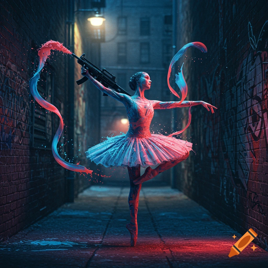A ballerina in a tutu poses on pointe in a dark alley, holding a machine gun spraying blue and pink paint.