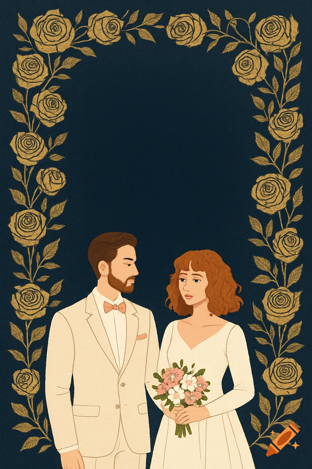 An illustration of a wedding couple beneath a golden rose arch on a navy background.