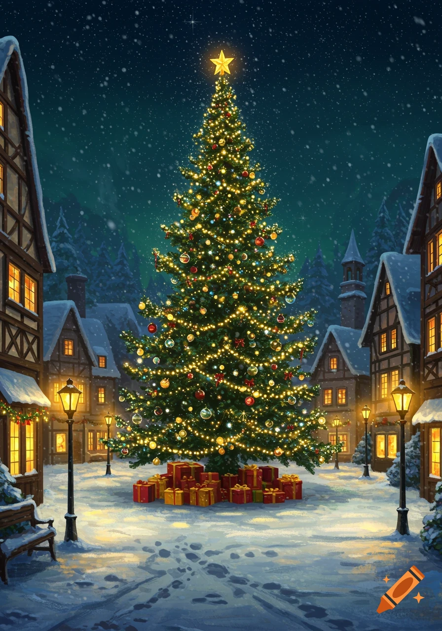 A snowy village square at night with a large, illuminated Christmas tree, glowing lampposts, and snow-covered buildings.