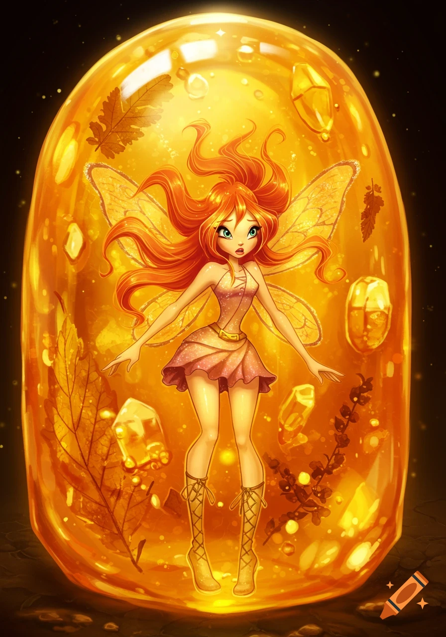 A red-haired fairy with wings, Bloom from Winx Club, is frozen inside a large amber-like egg with leaves and crystals, looking surprised.