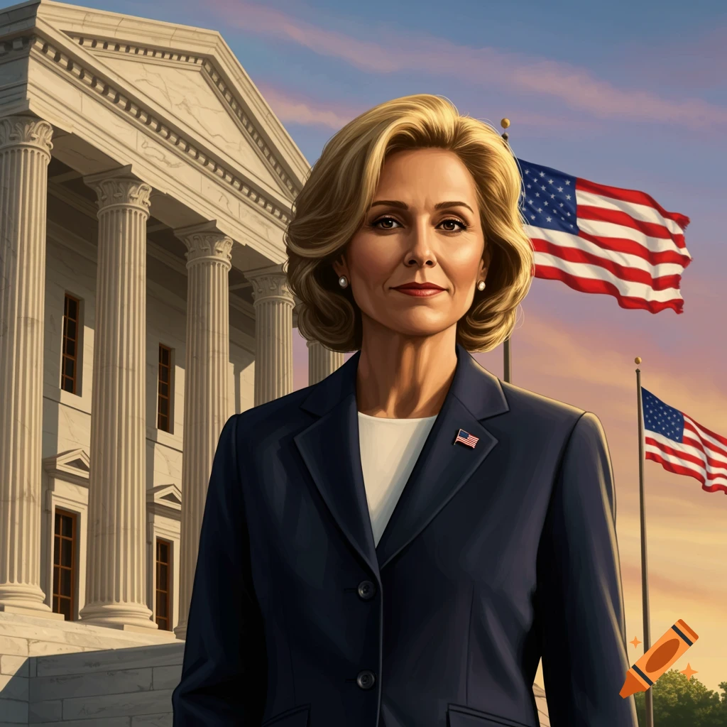 A blonde woman in a dark suit with a US flag pin stands in front of a classical building and waving American flags at sunset.