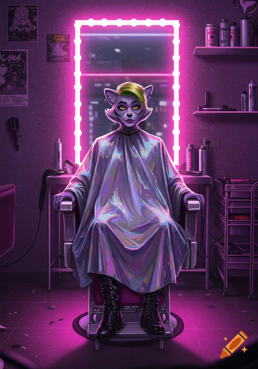 An anthropomorphic wolf character with green hair and yellow eyes, wearing a barber's cape, sits in a chair in a neon-lit glam rock hair salon.