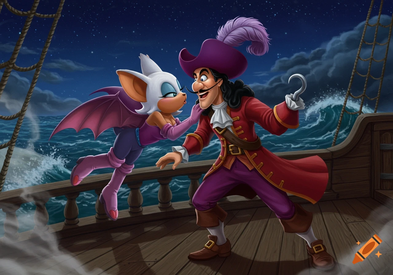 Rouge the Bat leans in close to Captain Hook on a pirate ship deck at night, with a stormy sea in the background, in a stylized cartoon illustration.
