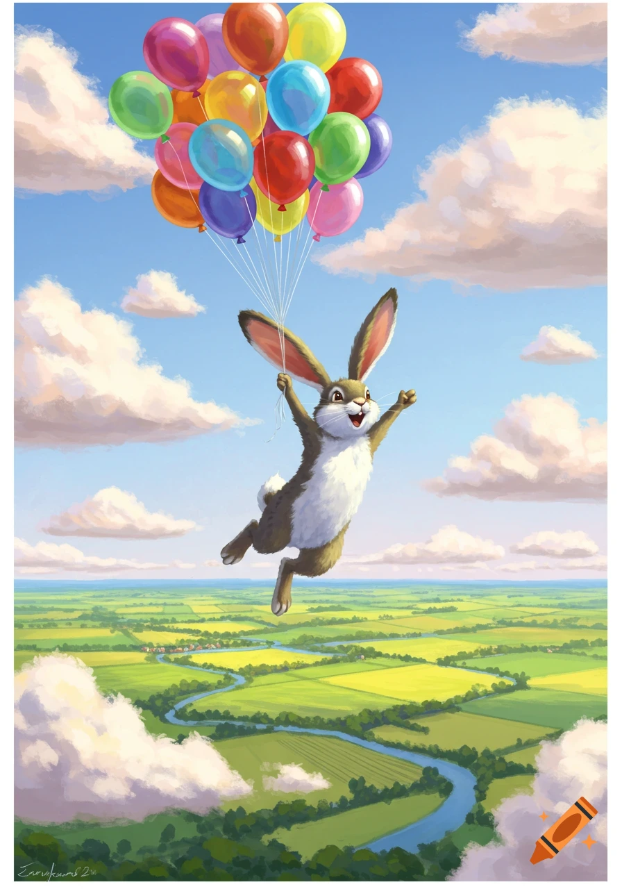A happy cartoon rabbit flies high above a green landscape, holding colorful balloons in a blue sky.