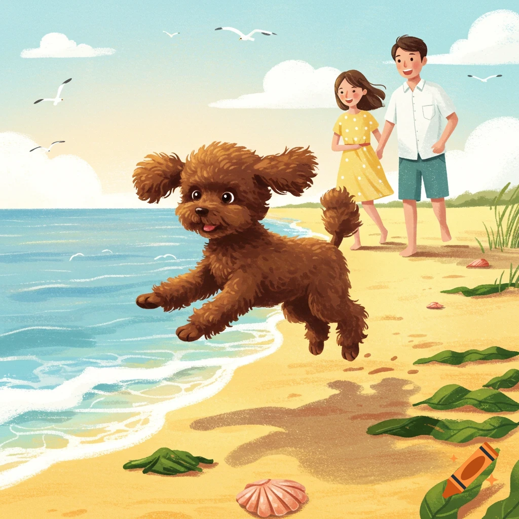 Illustrated brown toy poodle bounding on a sunny beach towards the ocean, with a couple walking in the background.