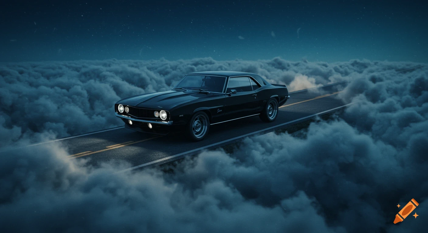 A sleek black 1969 Chevrolet Camaro drives on a narrow road suspended above clouds in a moody, surreal night scene.