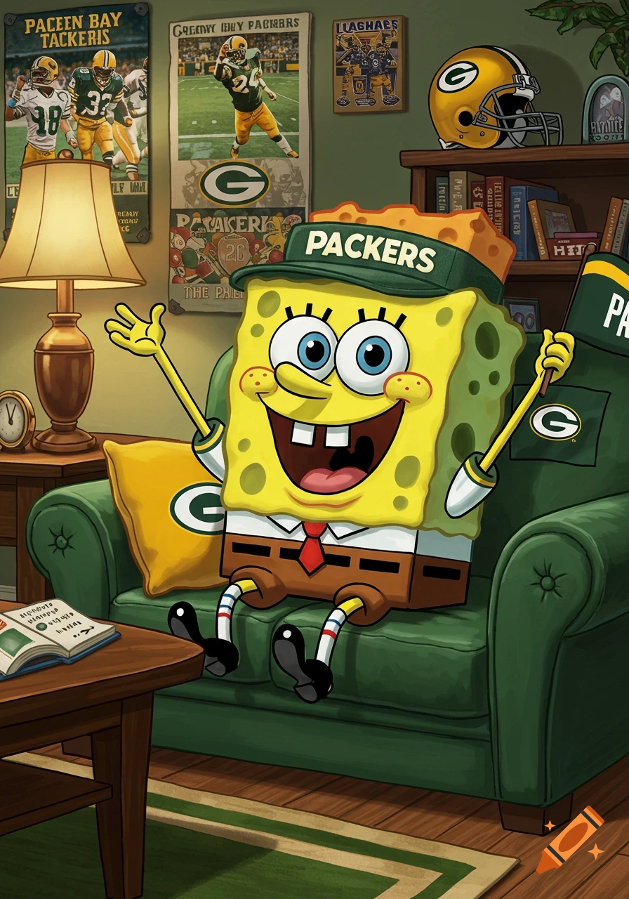 SpongeBob SquarePants, wearing a Packers hat, sits on a green couch in a room decorated with Green Bay Packers posters and memorabilia, holding a small flag.