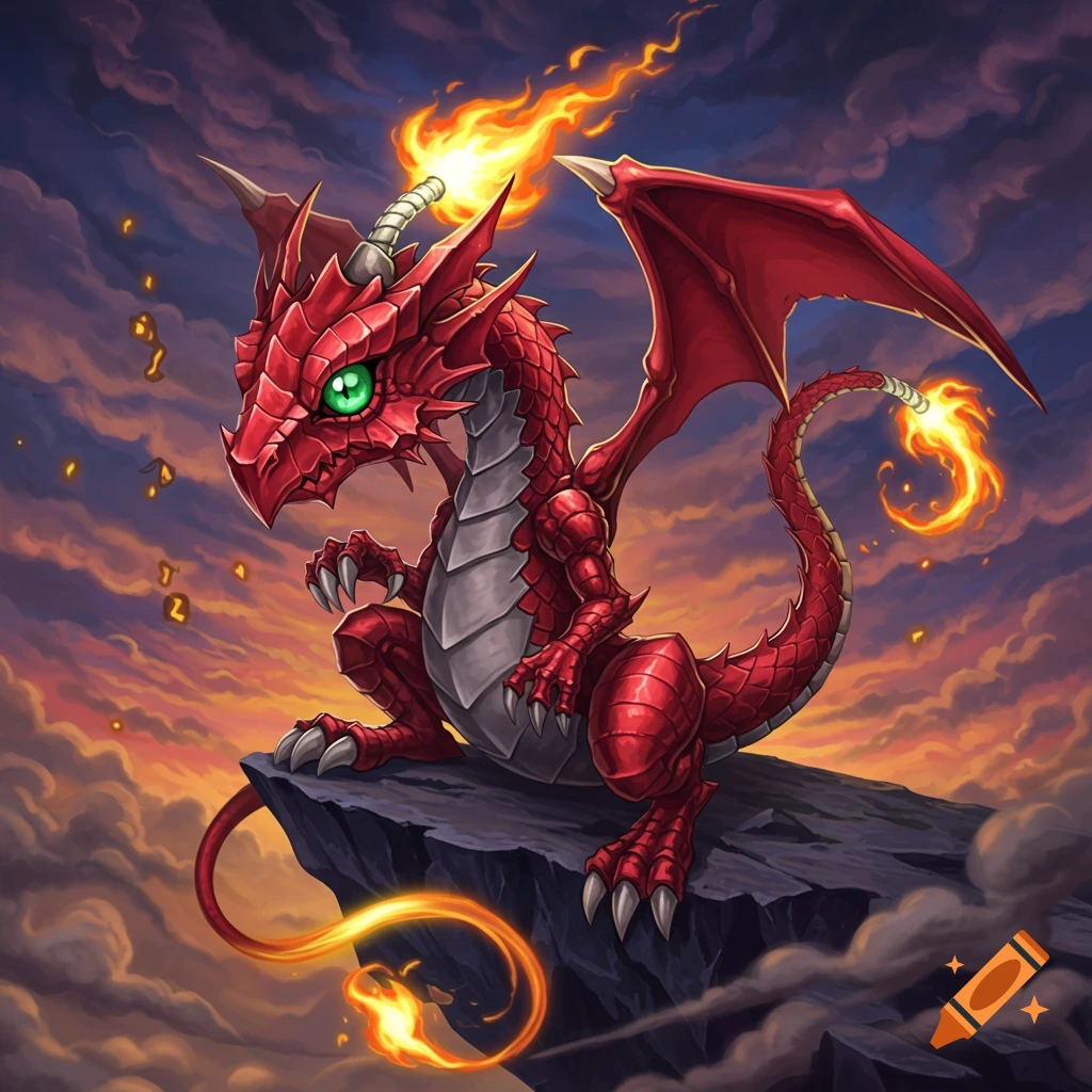 A small, red dragon with bright green eyes and fire on its head and tail sits atop a dark cliff, looking out at a vibrant sunset sky.